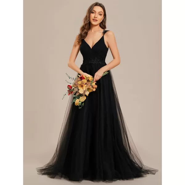 EverPretty Open Back V Neck Aline Lace Bodice Tulle Wedding Dress for Women 0216Black