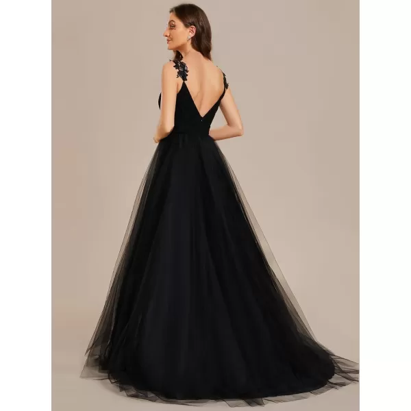 EverPretty Open Back V Neck Aline Lace Bodice Tulle Wedding Dress for Women 0216Black