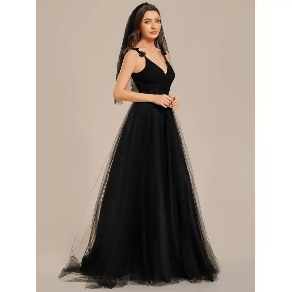 EverPretty Open Back V Neck Aline Lace Bodice Tulle Wedding Dress for Women 0216Black