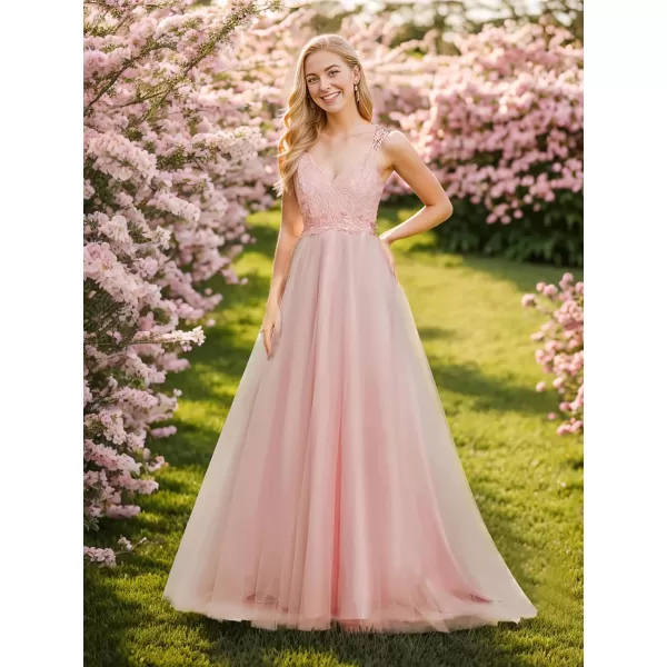 EverPretty Open Back V Neck Aline Lace Bodice Tulle Wedding Dress for Women 0216Pink