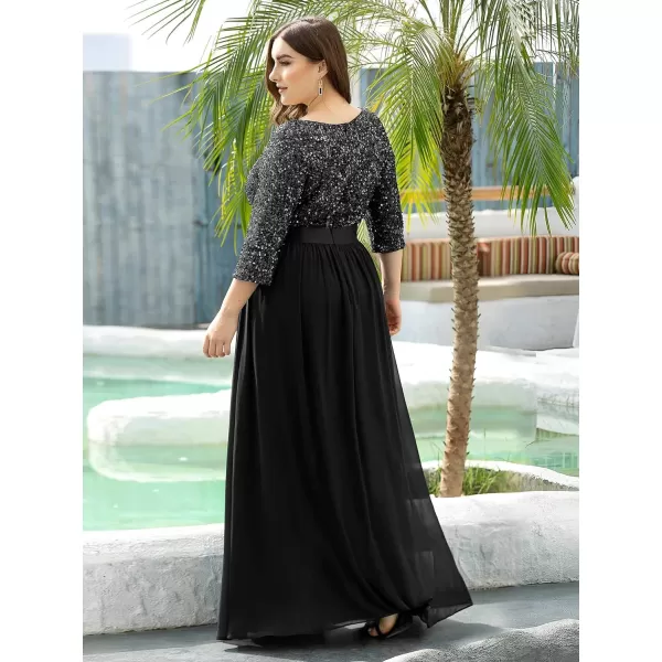 EverPretty Plus Size Womens Round Neck Sequin Maxi Dresses Long Evening Dress 0683PZBlack