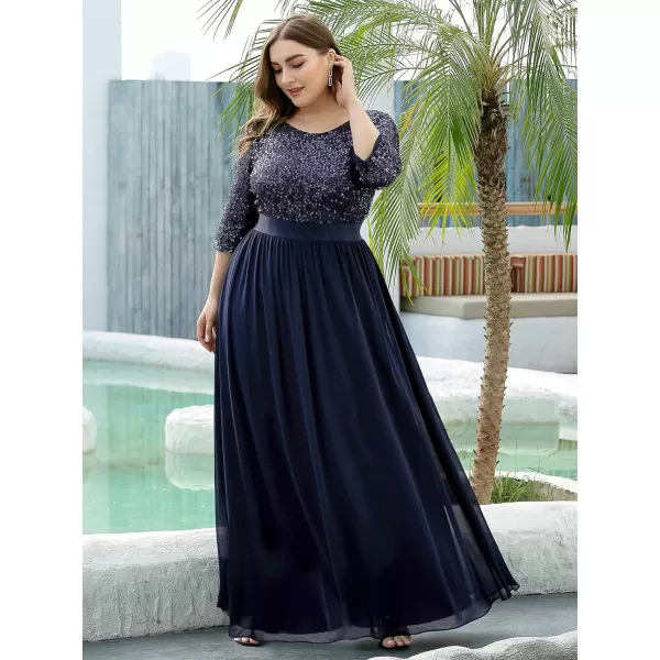 EverPretty Plus Size Womens Round Neck Sequin Maxi Dresses Long Evening Dress 0683PZNavy Blue