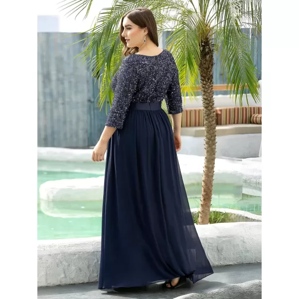 EverPretty Plus Size Womens Round Neck Sequin Maxi Dresses Long Evening Dress 0683PZNavy Blue