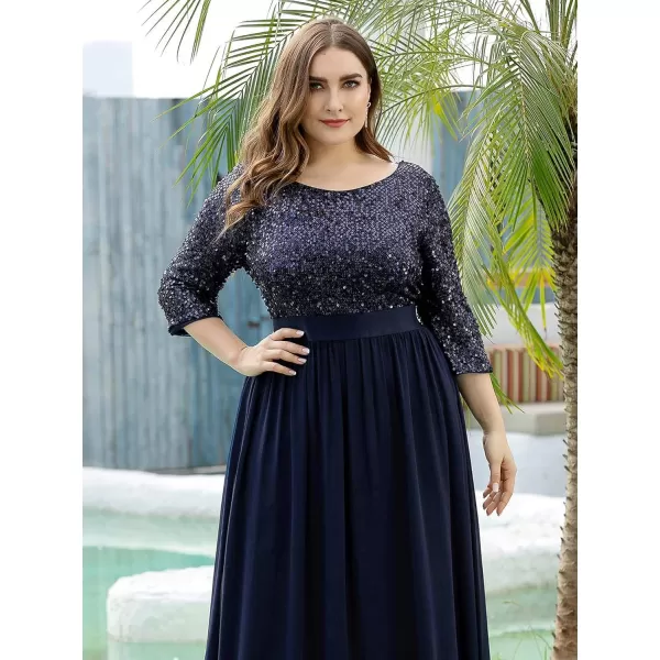 EverPretty Plus Size Womens Round Neck Sequin Maxi Dresses Long Evening Dress 0683PZNavy Blue