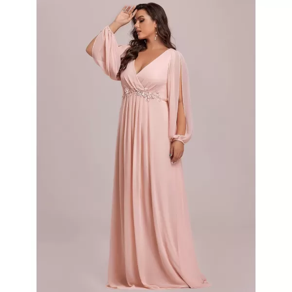 EverPretty Plus Womens FloorLength Plus Size Aline Ruched Dance Dress with Sleeves Pink US18EverPretty Plus Womens FloorLength Plus Size Aline Ruched Dance Dress with Sleeves Pink US18