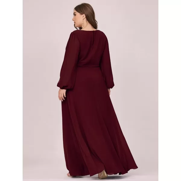 EverPretty Plus Womens Maxi V Neck Long Slit Sleeves Floral Applique Formal Evening Dress Plus Size 00461Burgundy