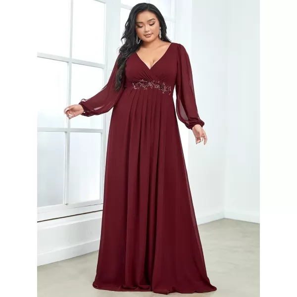 EverPretty Plus Womens Maxi V Neck Long Slit Sleeves Floral Applique Formal Evening Dress Plus Size 00461Burgundy