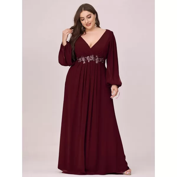 EverPretty Plus Womens Maxi V Neck Long Slit Sleeves Floral Applique Formal Evening Dress Plus Size 00461Burgundy