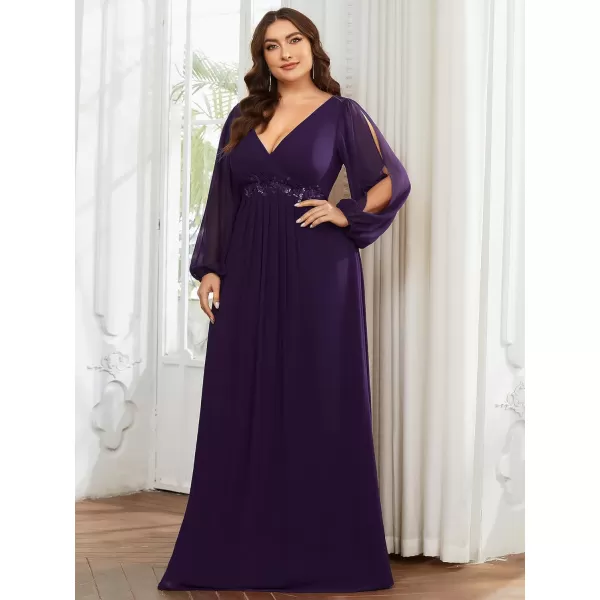 EverPretty Plus Womens Maxi V Neck Long Slit Sleeves Floral Applique Formal Evening Dress Plus Size 00461Deep Purple