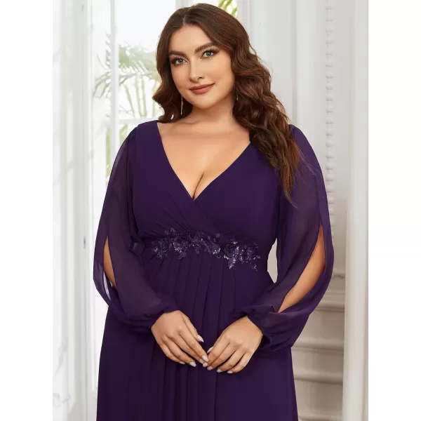 EverPretty Plus Womens Maxi V Neck Long Slit Sleeves Floral Applique Formal Evening Dress Plus Size 00461Deep Purple