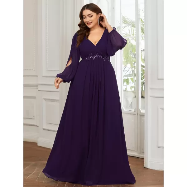 EverPretty Plus Womens Maxi V Neck Long Slit Sleeves Floral Applique Formal Evening Dress Plus Size 00461Deep Purple