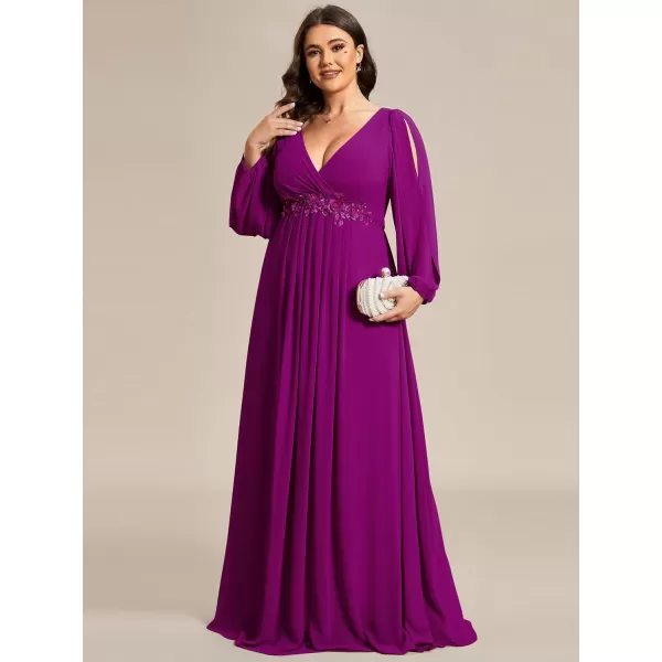 EverPretty Plus Womens Maxi V Neck Long Slit Sleeves Floral Applique Formal Evening Dress Plus Size 00461Fuchsia