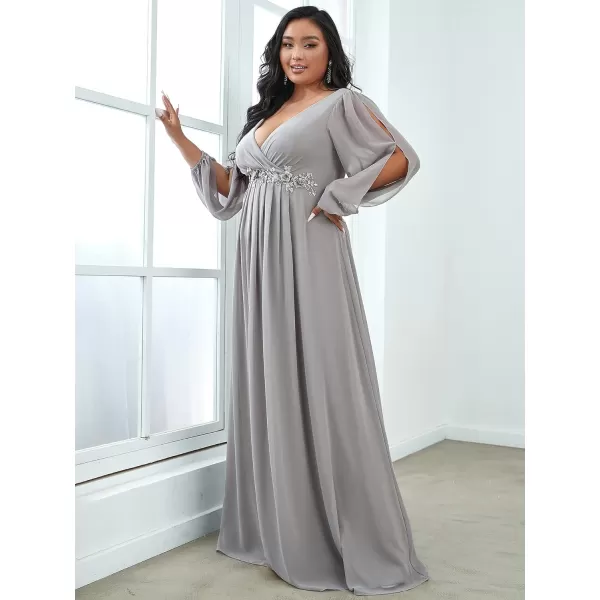 EverPretty Plus Womens Maxi V Neck Long Slit Sleeves Floral Applique Formal Evening Dress Plus Size 00461Gray