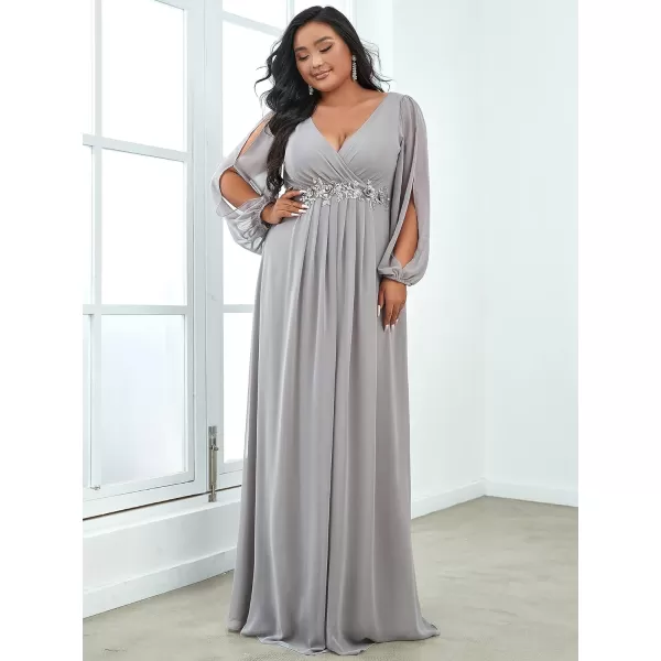 EverPretty Plus Womens Maxi V Neck Long Slit Sleeves Floral Applique Formal Evening Dress Plus Size 00461Gray