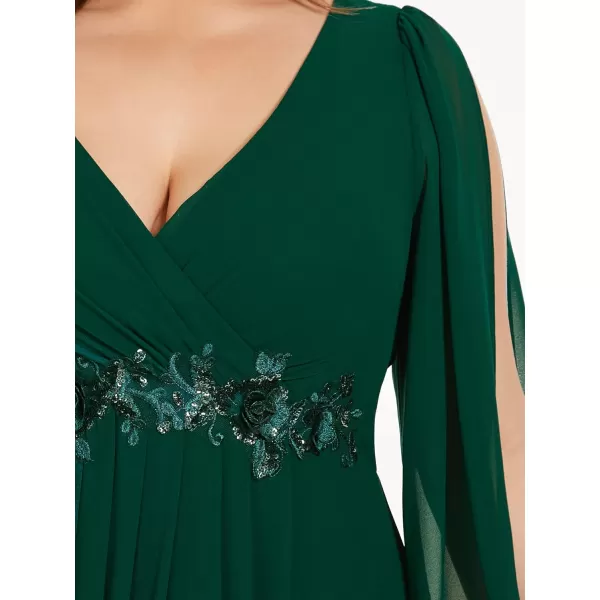 EverPretty Plus Womens Maxi V Neck Long Slit Sleeves Floral Applique Formal Evening Dress Plus Size 00461Green