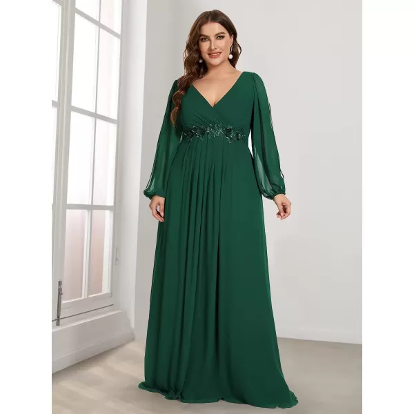 EverPretty Plus Womens Maxi V Neck Long Slit Sleeves Floral Applique Formal Evening Dress Plus Size 00461Green