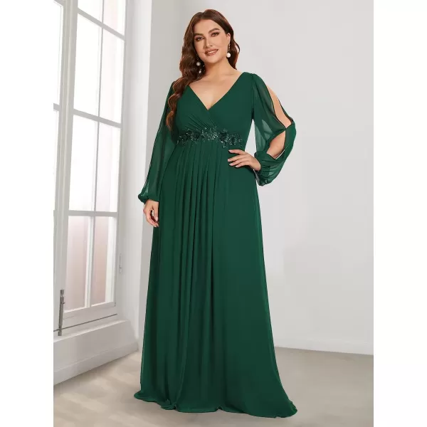 EverPretty Plus Womens Maxi V Neck Long Slit Sleeves Floral Applique Formal Evening Dress Plus Size 00461Green