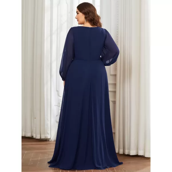 EverPretty Plus Womens Maxi V Neck Long Slit Sleeves Floral Applique Formal Evening Dress Plus Size 00461Navy Blue