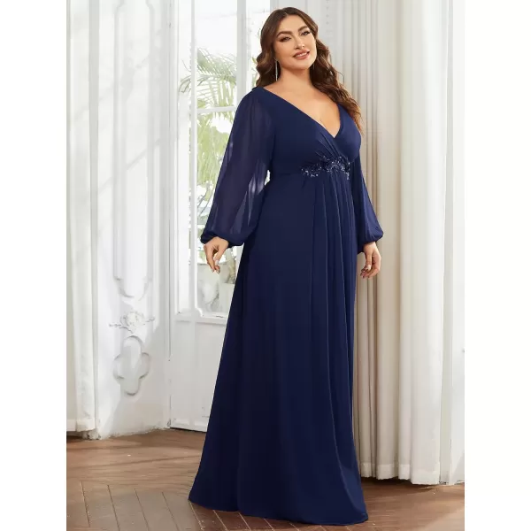 EverPretty Plus Womens Maxi V Neck Long Slit Sleeves Floral Applique Formal Evening Dress Plus Size 00461Navy Blue