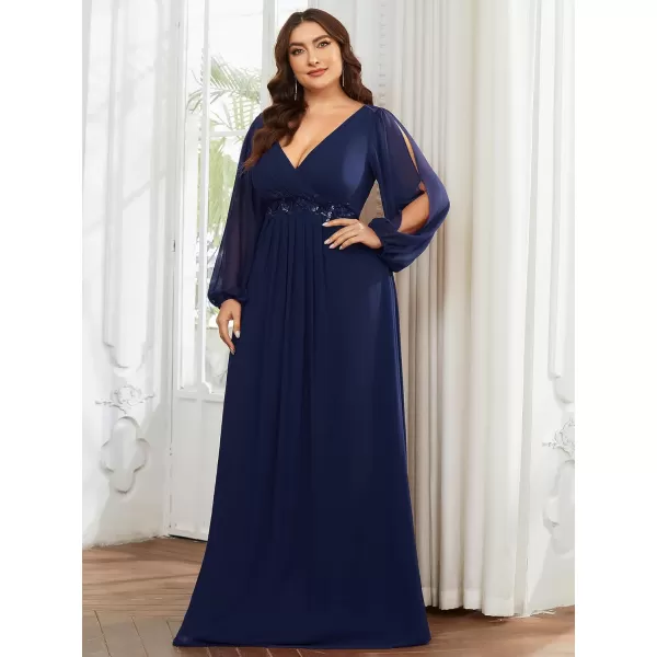 EverPretty Plus Womens Maxi V Neck Long Slit Sleeves Floral Applique Formal Evening Dress Plus Size 00461Navy Blue