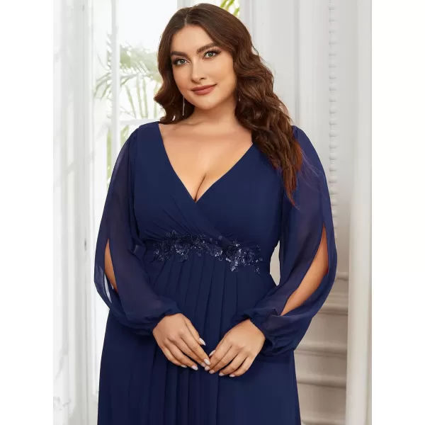 EverPretty Plus Womens Maxi V Neck Long Slit Sleeves Floral Applique Formal Evening Dress Plus Size 00461Navy Blue