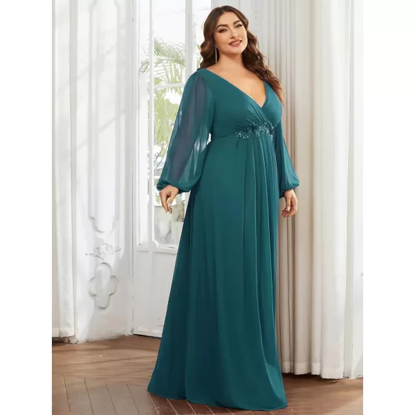 EverPretty Plus Womens Maxi V Neck Long Slit Sleeves Floral Applique Formal Evening Dress Plus Size 00461Teal