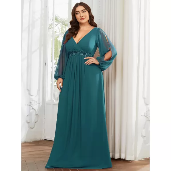 EverPretty Plus Womens Maxi V Neck Long Slit Sleeves Floral Applique Formal Evening Dress Plus Size 00461Teal