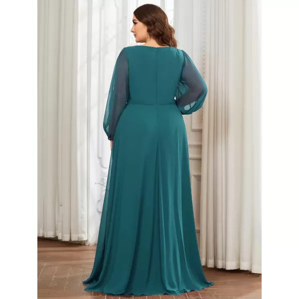 EverPretty Plus Womens Maxi V Neck Long Slit Sleeves Floral Applique Formal Evening Dress Plus Size 00461Teal