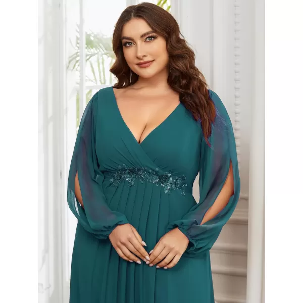 EverPretty Plus Womens Maxi V Neck Long Slit Sleeves Floral Applique Formal Evening Dress Plus Size 00461Teal