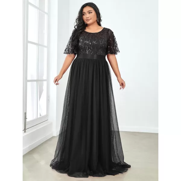 EverPretty Plus Womens Plus Size Round Neck ALine Tulle Sequin Formal Dress Evening Dress 0904DA2Black