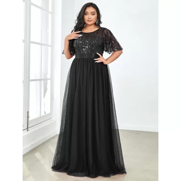 EverPretty Plus Womens Plus Size Round Neck ALine Tulle Sequin Formal Dress Evening Dress 0904DA2Black