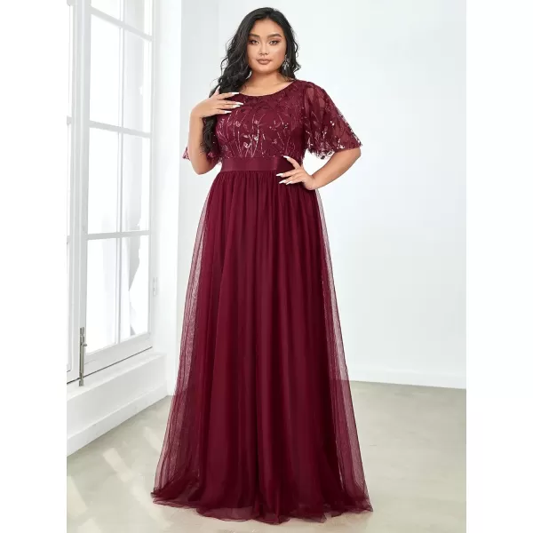 EverPretty Plus Womens Plus Size Round Neck ALine Tulle Sequin Formal Dress Evening Dress 0904DA2Burgundy