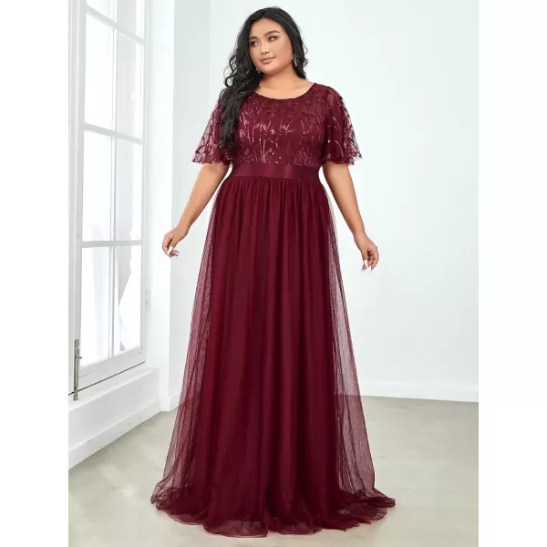 EverPretty Plus Womens Plus Size Round Neck ALine Tulle Sequin Formal Dress Evening Dress 0904DA2Burgundy