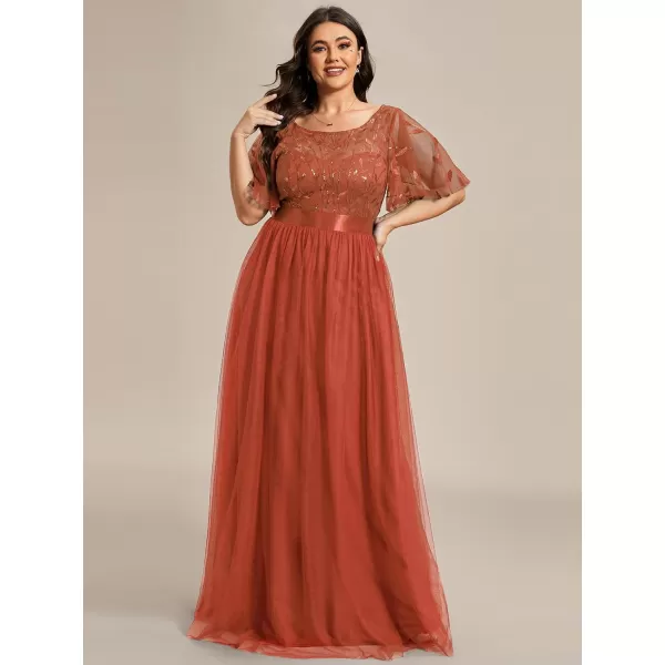 EverPretty Plus Womens Plus Size Round Neck ALine Tulle Sequin Formal Dress Evening Dress 0904DA2Burnt Orange