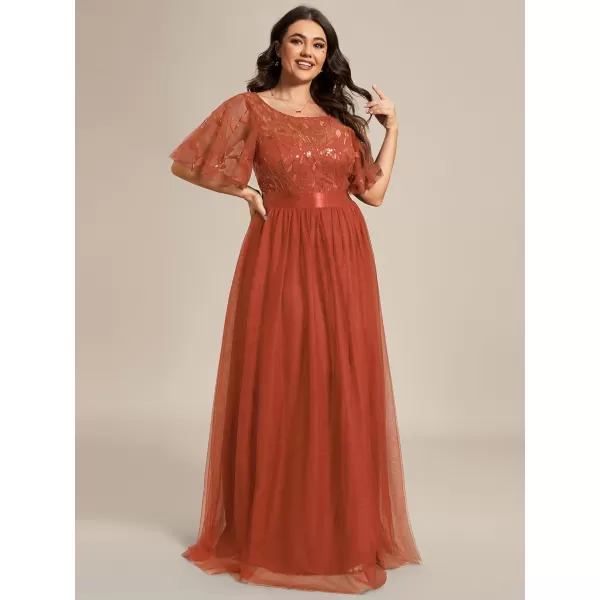 EverPretty Plus Womens Plus Size Round Neck ALine Tulle Sequin Formal Dress Evening Dress 0904DA2Burnt Orange