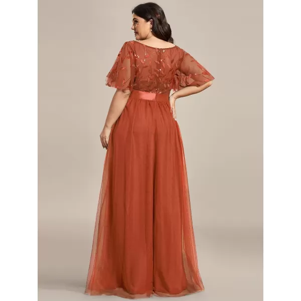 EverPretty Plus Womens Plus Size Round Neck ALine Tulle Sequin Formal Dress Evening Dress 0904DA2Burnt Orange