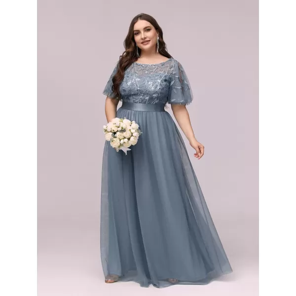 EverPretty Plus Womens Plus Size Round Neck ALine Tulle Sequin Formal Dress Evening Dress 0904DA2Dusty Blue