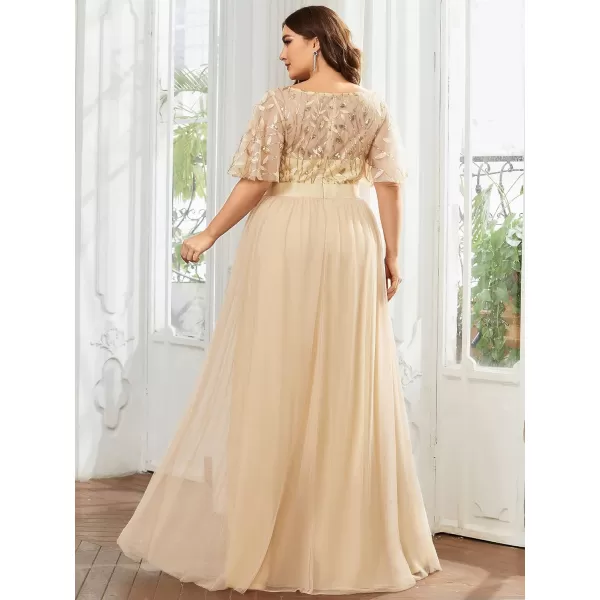 EverPretty Plus Womens Plus Size Round Neck ALine Tulle Sequin Formal Dress Evening Dress 0904DA2Gold