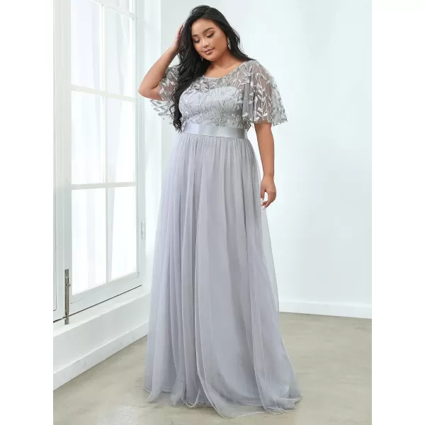 EverPretty Plus Womens Plus Size Round Neck ALine Tulle Sequin Formal Dress Evening Dress 0904DA2Gray