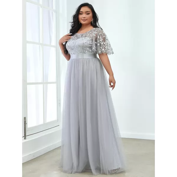 EverPretty Plus Womens Plus Size Round Neck ALine Tulle Sequin Formal Dress Evening Dress 0904DA2Gray