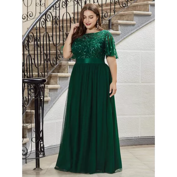 EverPretty Plus Womens Plus Size Round Neck ALine Tulle Sequin Formal Dress Evening Dress 0904DA2Green