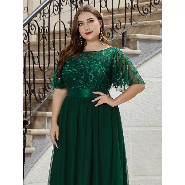 EverPretty Plus Womens Plus Size Round Neck ALine Tulle Sequin Formal Dress Evening Dress 0904DA2Green