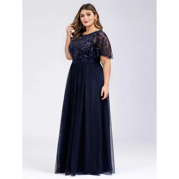 EverPretty Plus Womens Plus Size Round Neck ALine Tulle Sequin Formal Dress Evening Dress 0904DA2Navy Blue