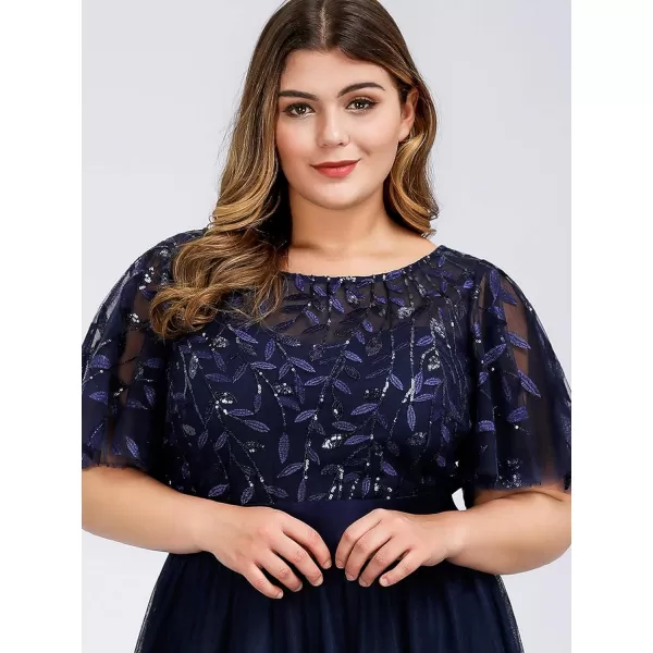 EverPretty Plus Womens Plus Size Round Neck ALine Tulle Sequin Formal Dress Evening Dress 0904DA2Navy Blue