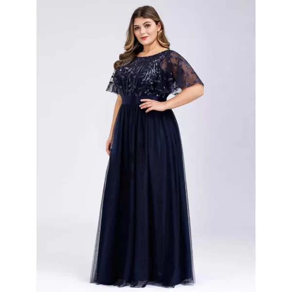 EverPretty Plus Womens Plus Size Round Neck ALine Tulle Sequin Formal Dress Evening Dress 0904DA2Navy Blue