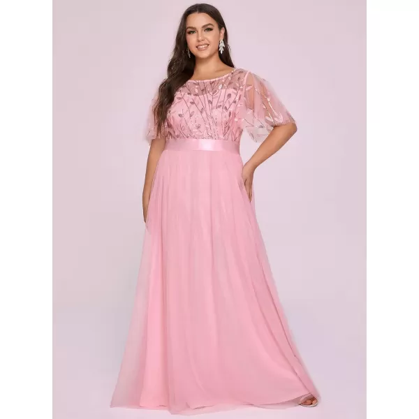 EverPretty Plus Womens Plus Size Round Neck ALine Tulle Sequin Formal Dress Evening Dress 0904DA2Pink