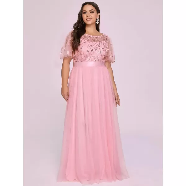 EverPretty Plus Womens Plus Size Round Neck ALine Tulle Sequin Formal Dress Evening Dress 0904DA2Pink