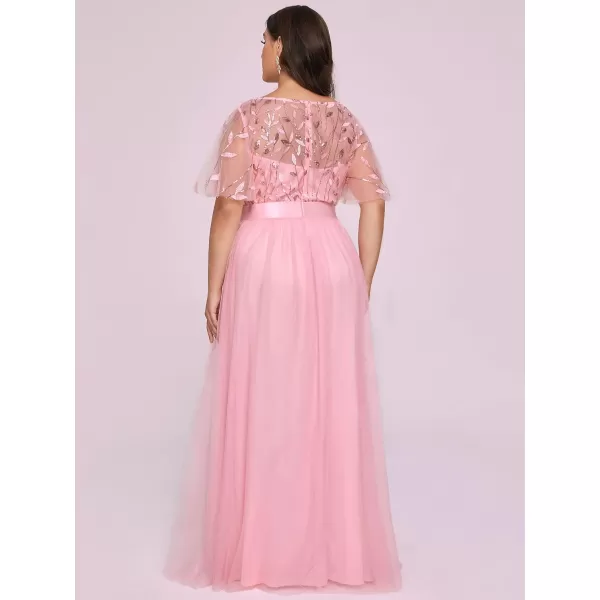 EverPretty Plus Womens Plus Size Round Neck ALine Tulle Sequin Formal Dress Evening Dress 0904DA2Pink