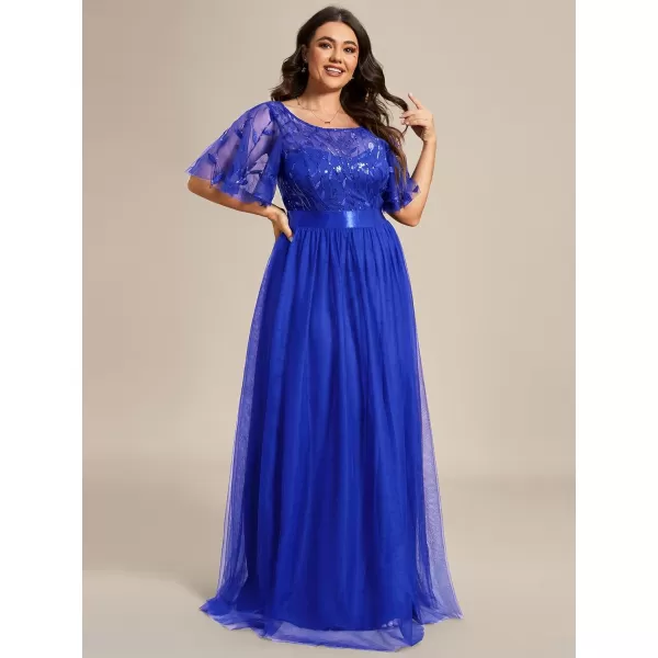 EverPretty Plus Womens Plus Size Round Neck ALine Tulle Sequin Formal Dress Evening Dress 0904DA2Sapphire Blue