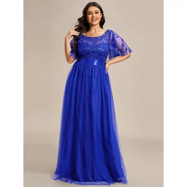 EverPretty Plus Womens Plus Size Round Neck ALine Tulle Sequin Formal Dress Evening Dress 0904DA2Sapphire Blue